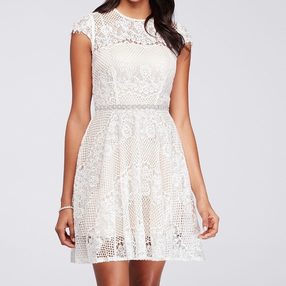 Short Cap-Sleeve White Lace Dress Beaded Waist - Picture 2 of 5